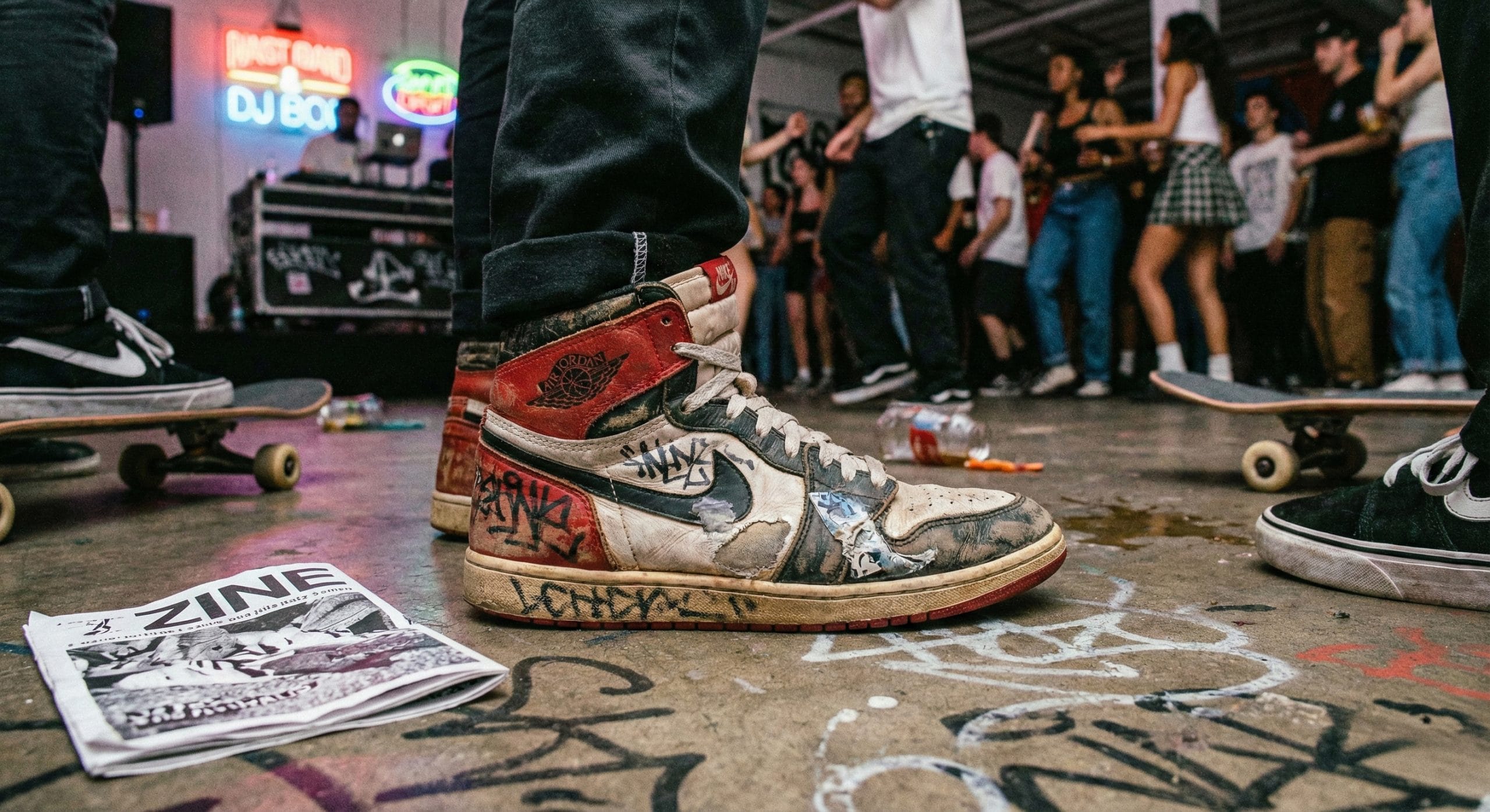 Dans pistinde yıpranmış spor ayakkabı detayı ve sokak kültürü